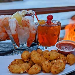 Shrimp cocktail, drinks and cheese curds from Ravinia Bay in Lake Delton, Wisconsin